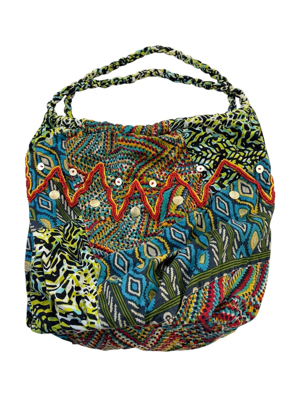 World Market Boho Patchwork Cotton Hobo Shoulder Bag Beaded Embellished India